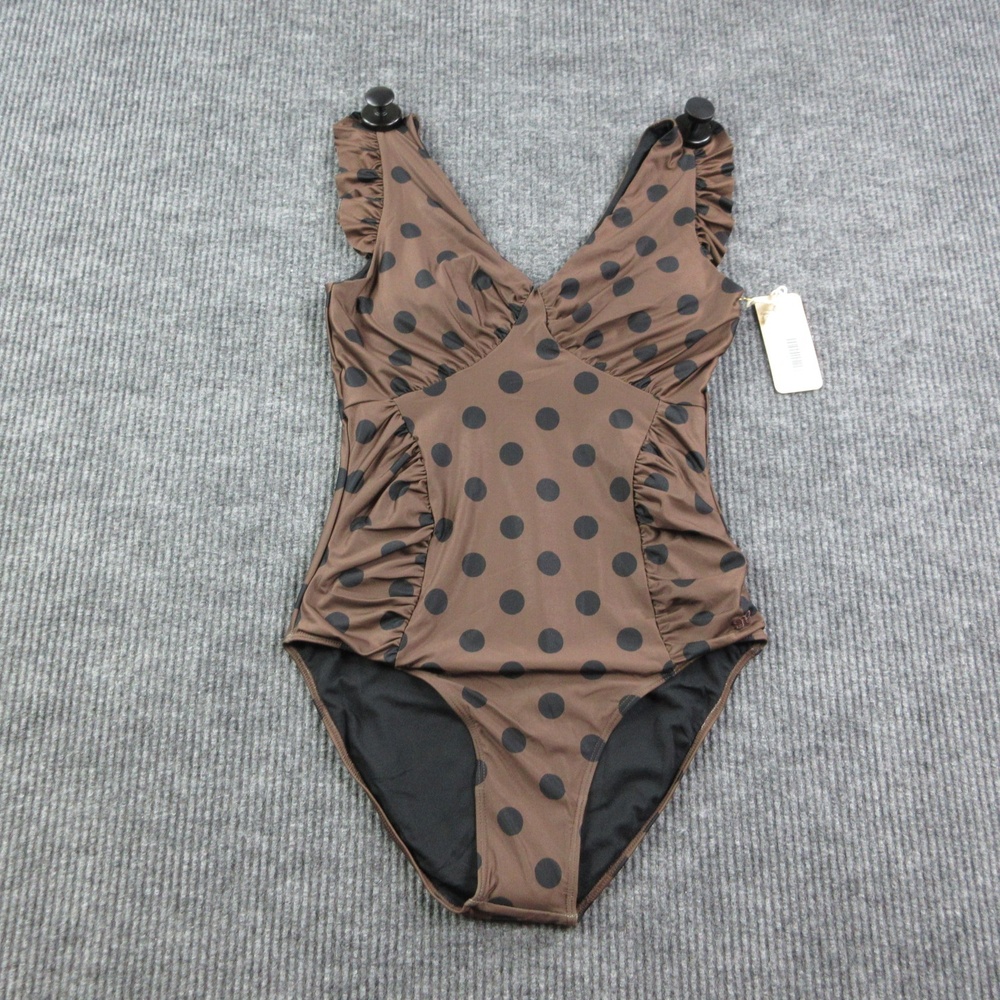 Albion One Piece Womens M Brown Polka Dot Ruffle Lined Built-In Bra NWT